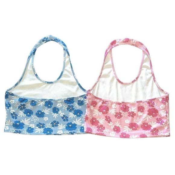 SET of 2 Floral Print Rib Knit Halter Crop Top Blue Pink Hibiscus Hawaii Summer - Picture 2 of 13
